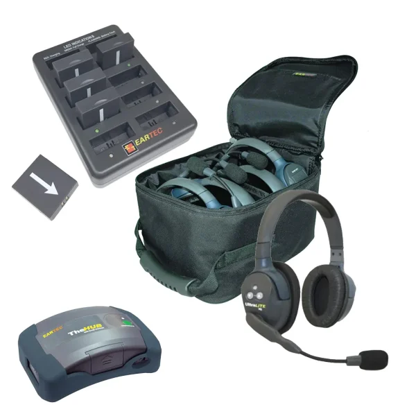 Eartec UltraLITE & HUB 8 person system w/ 8 Double Headsets, batteries, charger & case